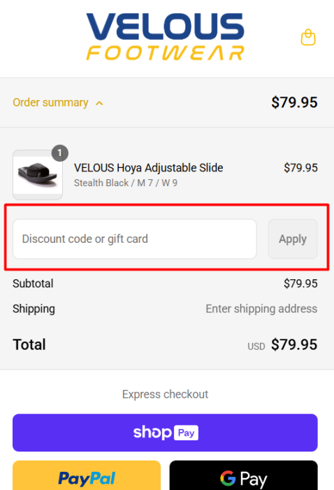 How to use VELOUS Footwear promo code