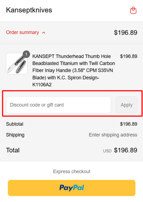 Where to enter Kansept Knives promo code How to use Kansept Knives promo code