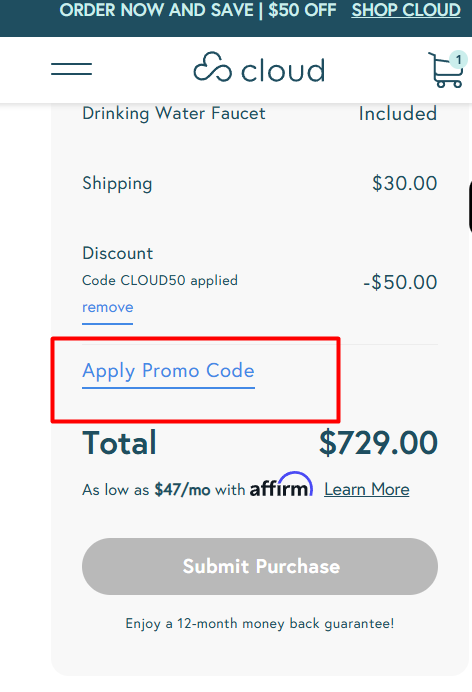 Where to enter Cloud Water Filters promo code How to use Cloud Water Filters promo code