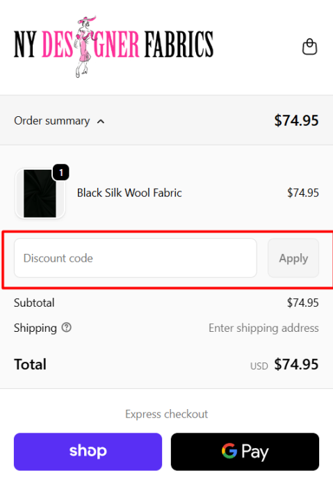 Where to enter NY Designer Fabrics promo code How to use NY Designer Fabrics promo code