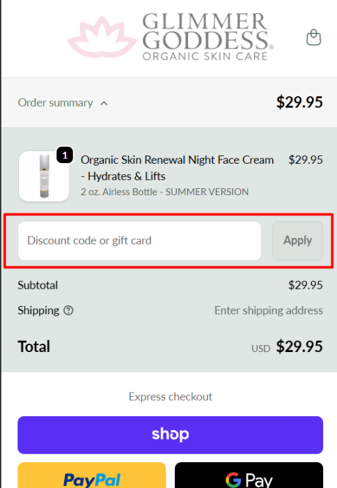 How to use Glimmer Goddess promo code