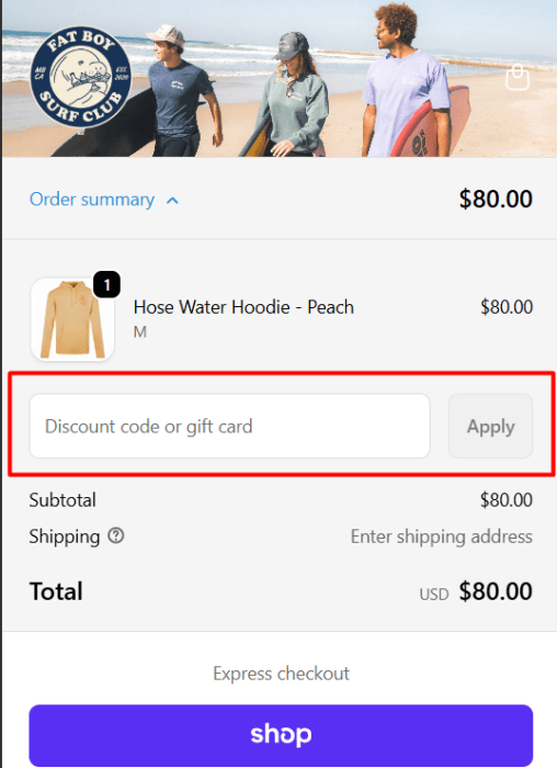 How to use Fat Boy Surf Club promo code
