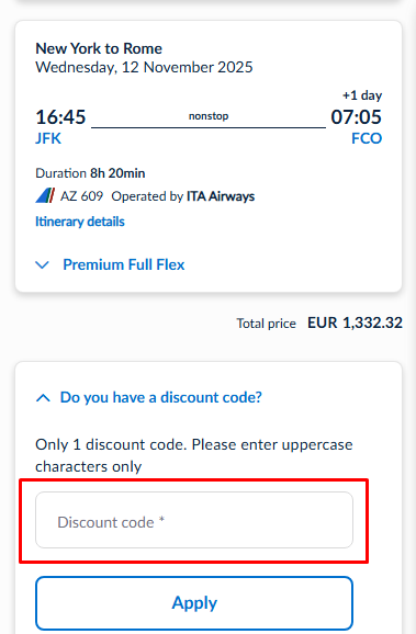 How to use ITA Airways promo code