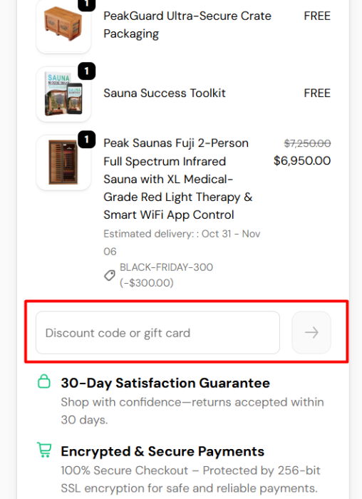 How to use Peak Saunas promo code