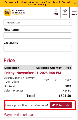 Where to enter City Brew Tours promo code How to use City Brew Tours promo code