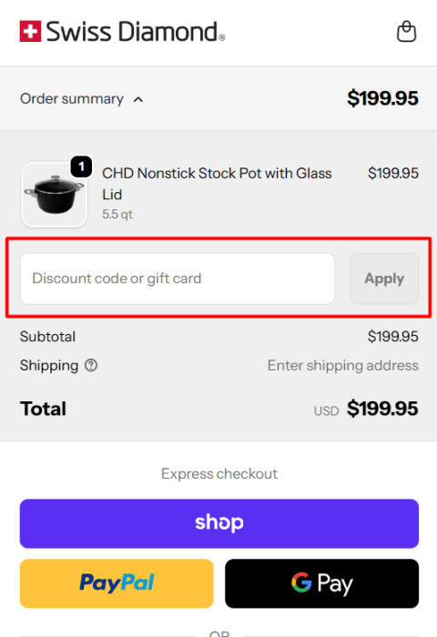 Where to enter Swiss Diamond promo code How to use Swiss Diamond promo code