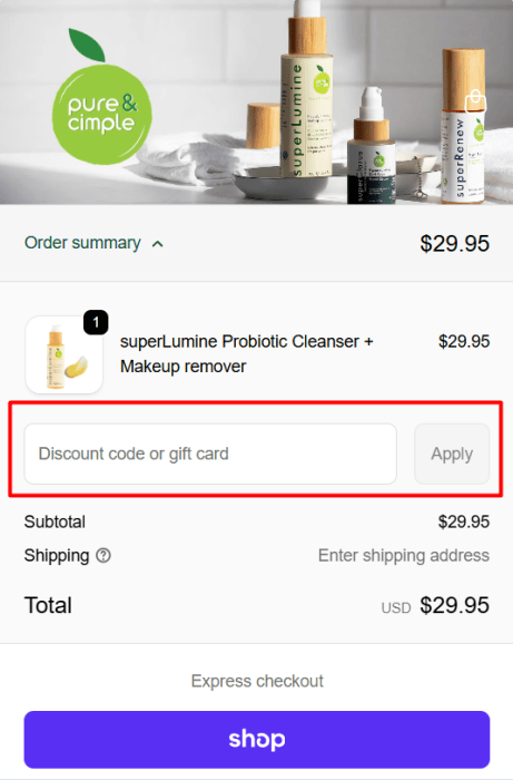 How to use Pure & Cimple promo code