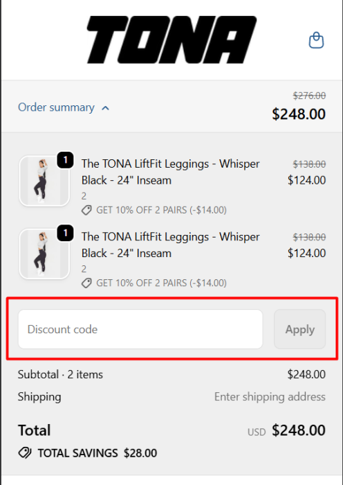 Where to enter TONA Activewear promo code How to use TONA Activewear promo code