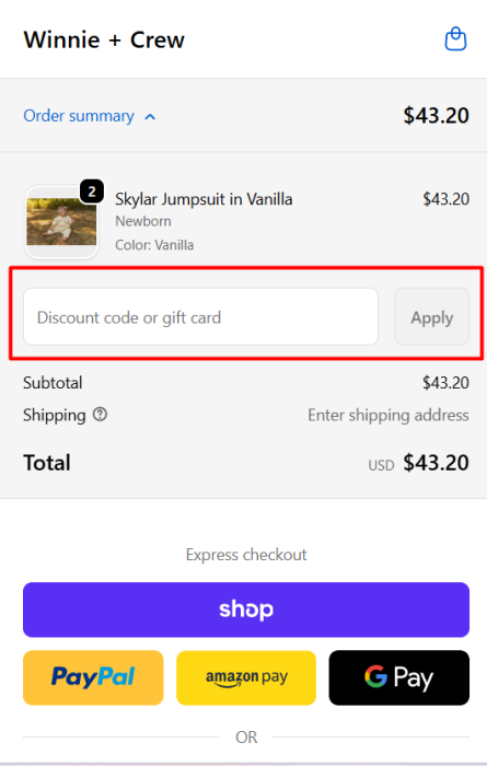 Where to enter Winnie + Crew promo code How to use Winnie + Crew promo code