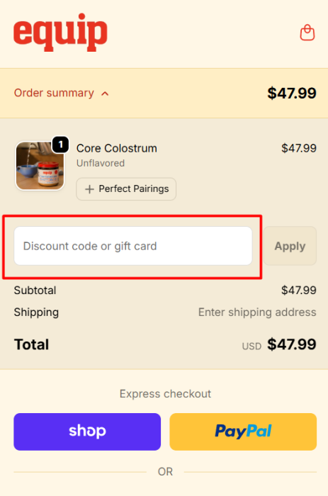 How to use Equip Foods promo code