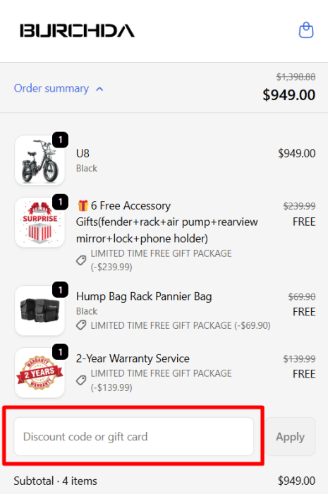 Where to enter Burchda Bikes promo code How to use Burchda Bikes promo code