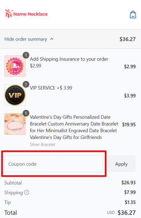 Where to enter Name Necklace promo code How to use Name Necklace promo code