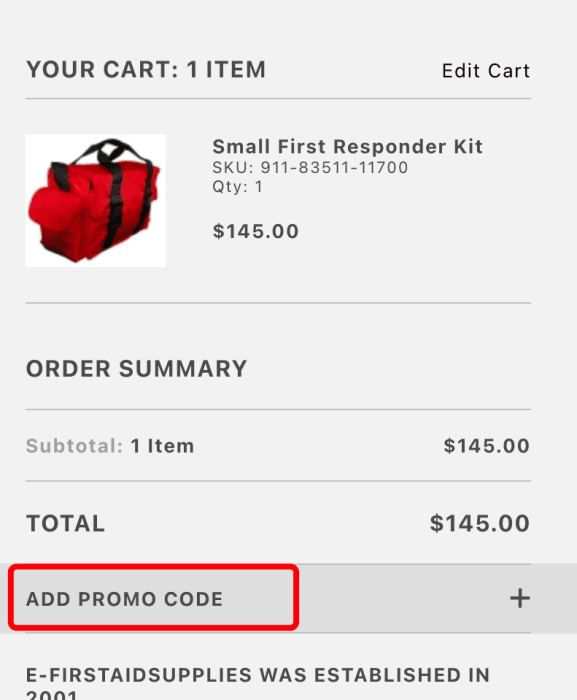 How to use e-First Aid Supplies promo code