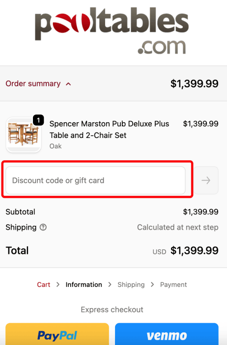 How to use Pooltables.com promo code