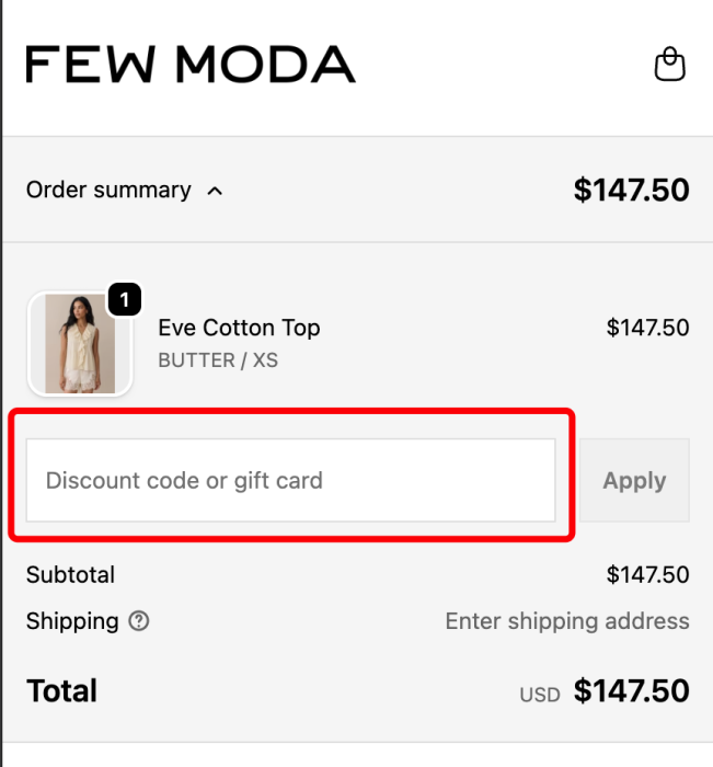 How to use FEW MODA promo code