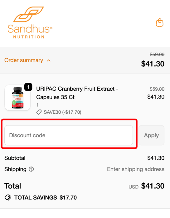 How to use Sandhus Nutrition promo code