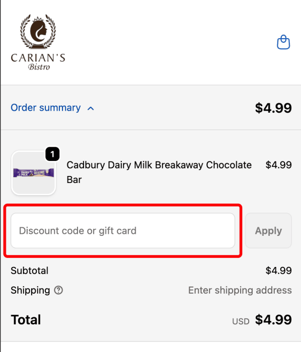 How to use Carian's Bistro promo code