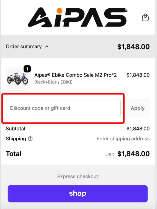 Where to enter Aipas Electric Bikes promo code How to use Aipas Electric Bikes promo code