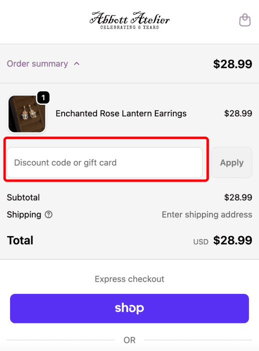Where to enter Abbott Atelier promo code How to use Abbott Atelier promo code