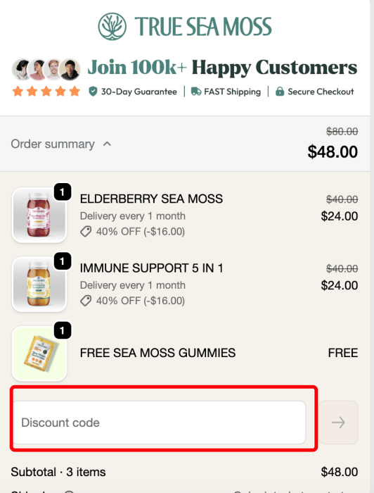 How to use True Sea Moss promo code