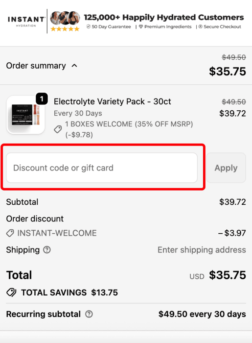 Where to enter Instant Hydration promo code How to use Instant Hydration promo code
