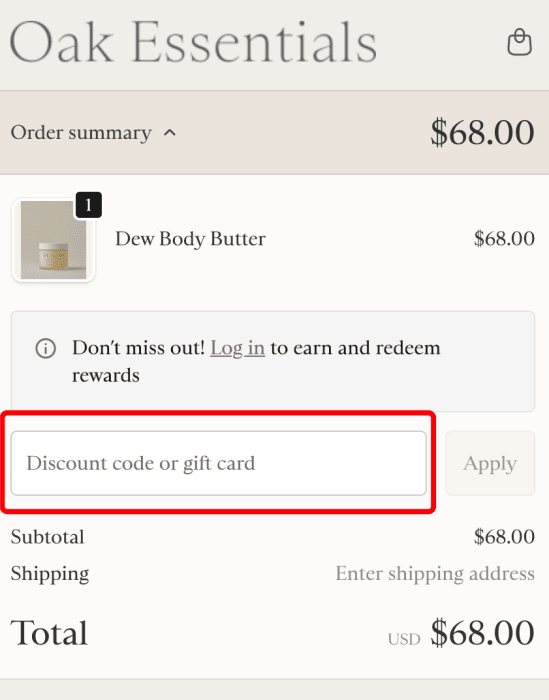How to use Oak Essentials promo code