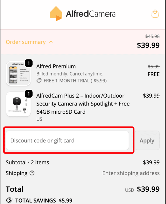 Where to enter AlfredCamera promo code How to use AlfredCamera promo code