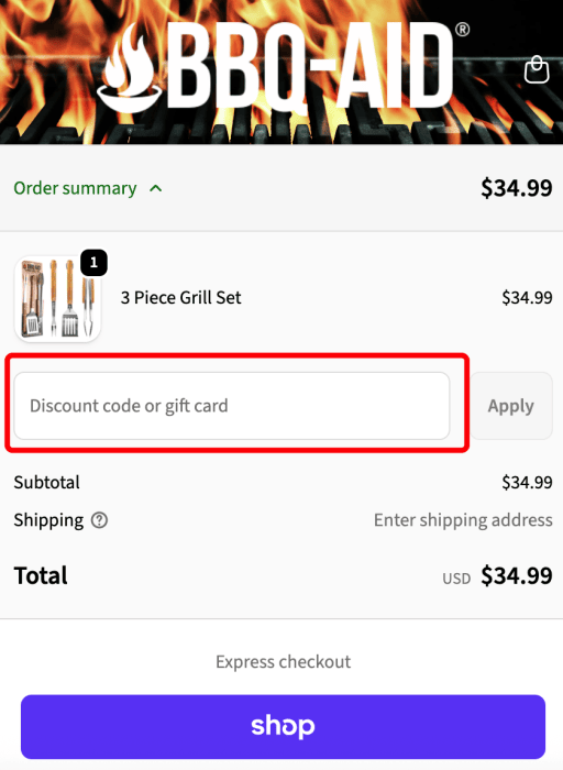 Where to enter BBQ-AID promo code How to use BBQ-AID promo code