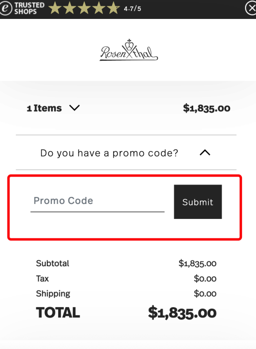 Where to enter Rosenthal USA promo code How to use Rosenthal USA promo code