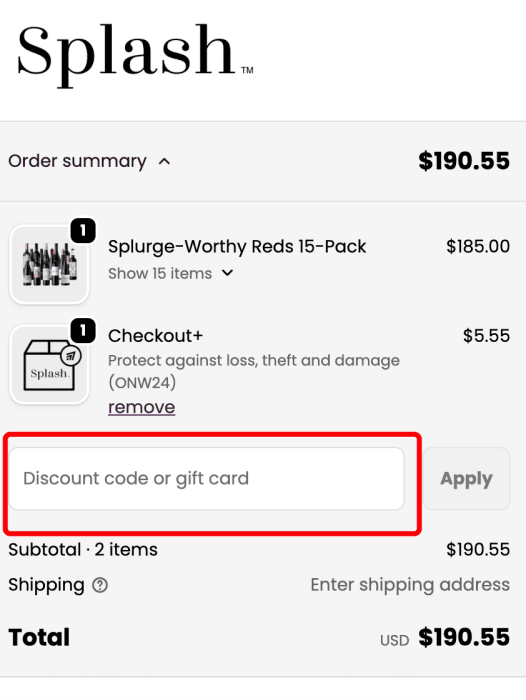 Where to enter Splash Wines promo code How to use Splash Wines promo code