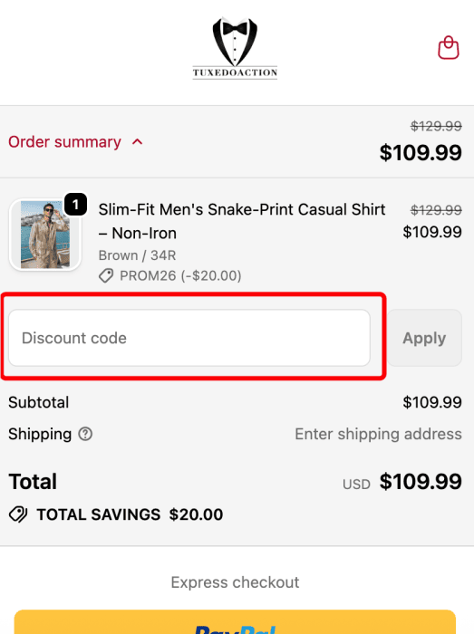 How to use Tuxedo Action promo code