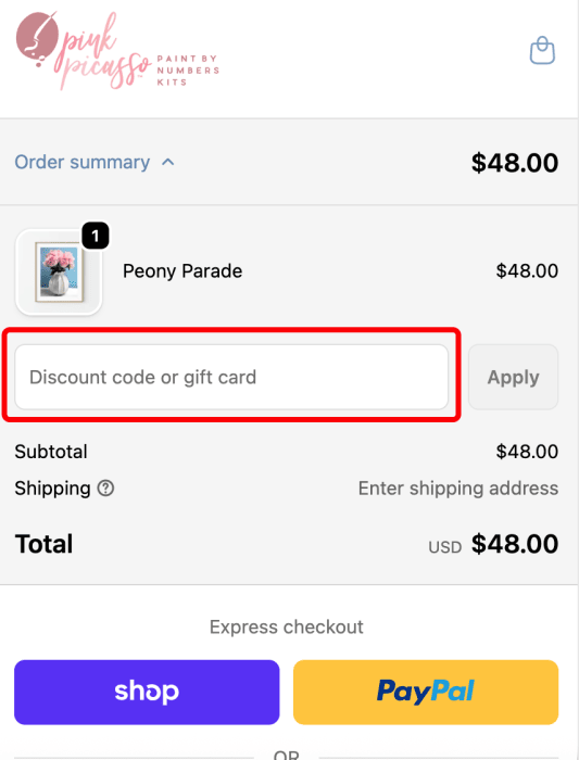 Where to enter Pink Picasso Kits promo code How to use Pink Picasso Kits promo code