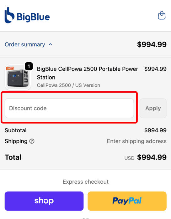 Where to enter BigBlue promo code How to use BigBlue promo code