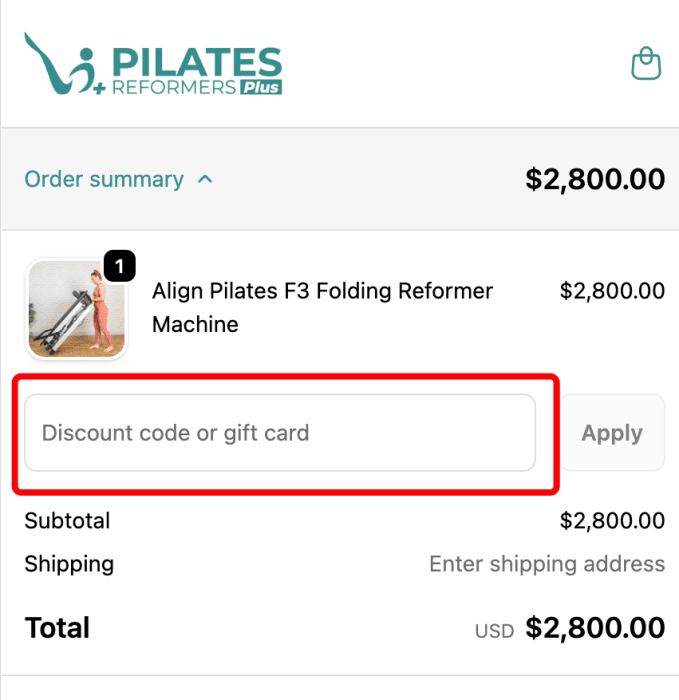 Where to enter Pilates Reformers Plus promo code How to use Pilates Reformers Plus promo code