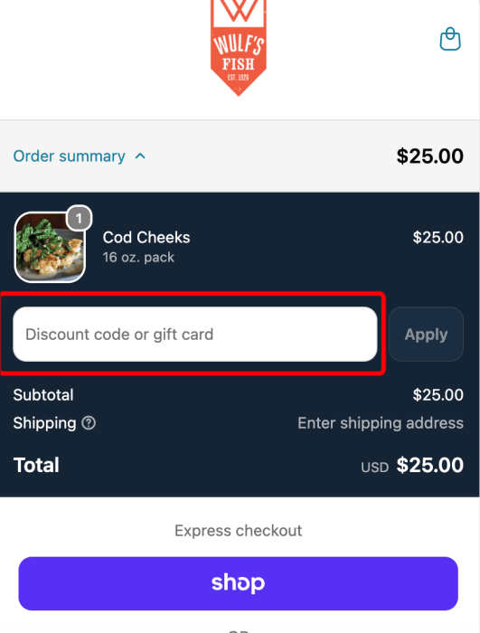 Where to enter Wulf's Fish promo code How to use Wulf's Fish promo code