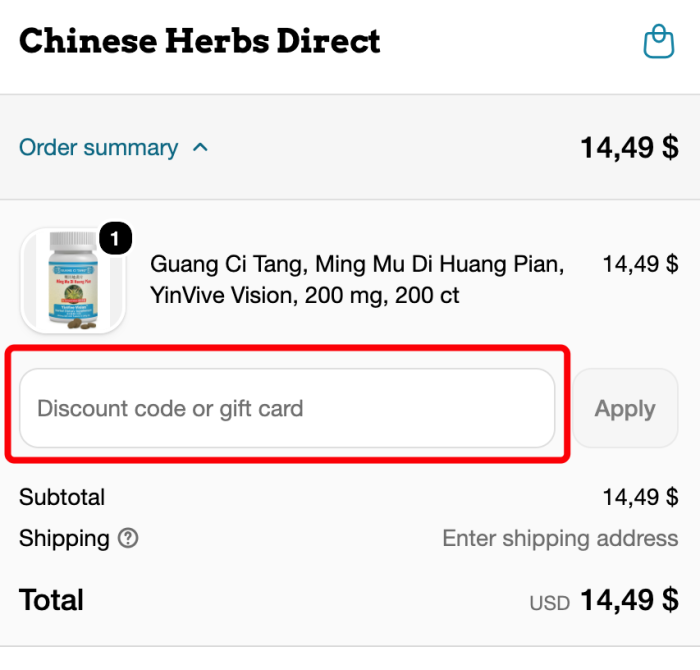 Where to enter Chinese Herbs Direct promo code How to use Chinese Herbs Direct promo code