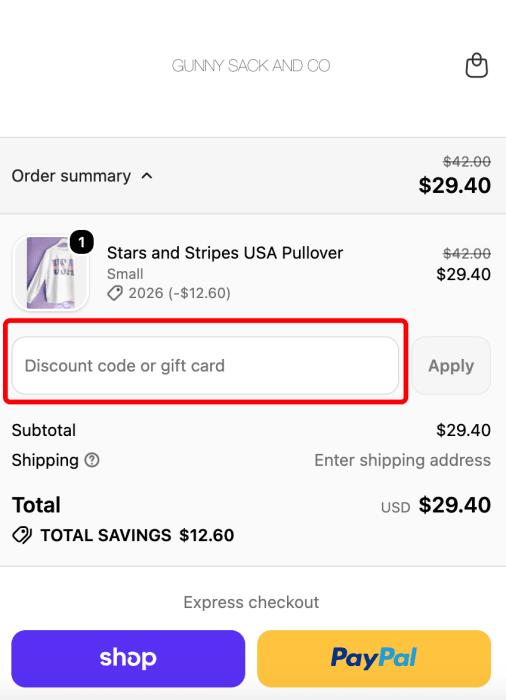 How to use Gunny Sack and Co promo code