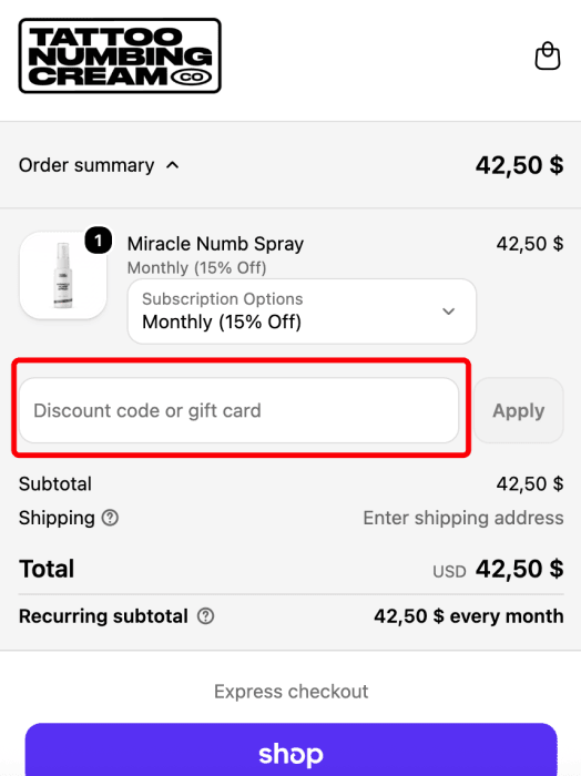 Where to enter Tattoo Numbing Cream promo code How to use Tattoo Numbing Cream promo code