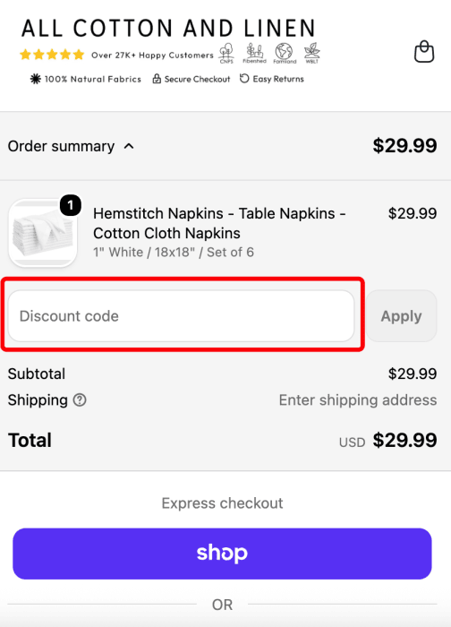 Where to enter All Cotton and Linen promo code How to use All Cotton and Linen promo code