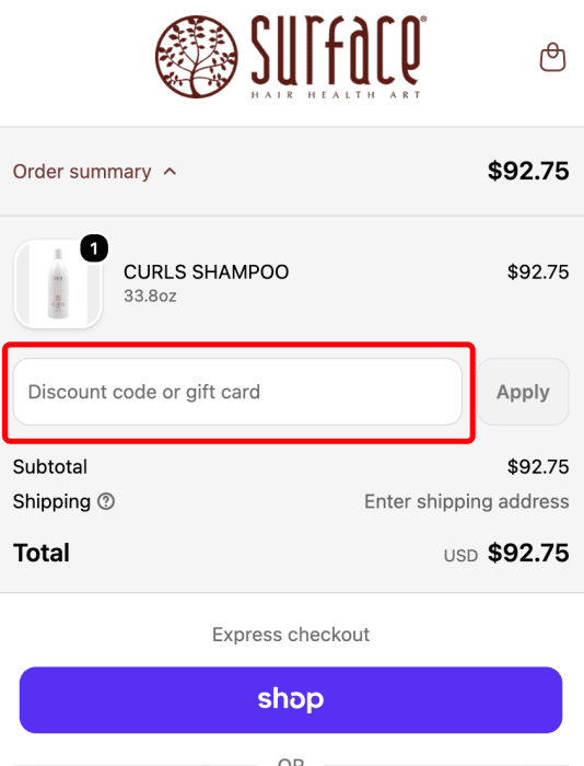 Where to enter Surface Hair promo code How to use Surface Hair promo code