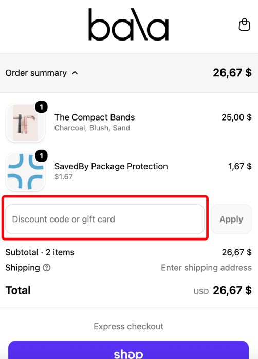 Where to enter Bala promo code How to use Bala promo code