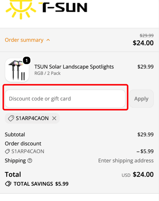 How to use TSUN Lighting promo code
