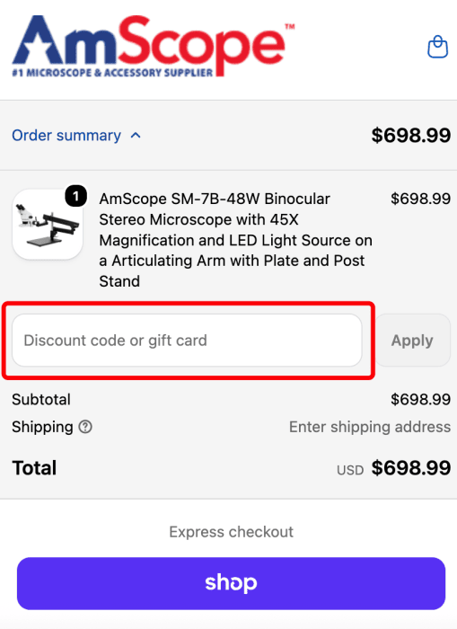Where to enter AmScope promo code How to use AmScope promo code