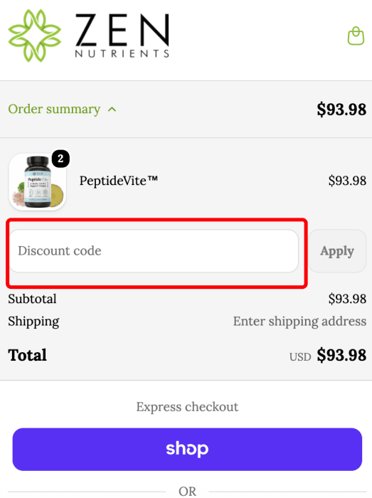 Where to enter Zen Nutrients promo code How to use Zen Nutrients promo code