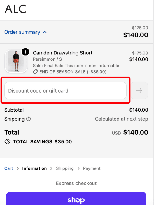 Where to enter A.L.C. promo code How to use A.L.C. promo code