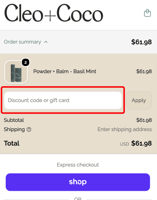 Where to enter Cleo+Coco promo code How to use Cleo+Coco promo code