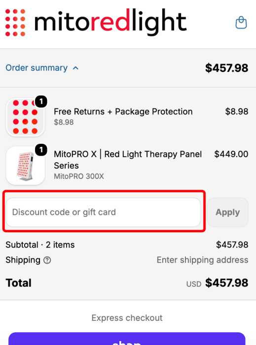 Where to enter Mito Red Light promo code How to use Mito Red Light promo code