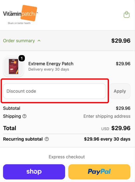 Where to enter The Vitamin Patch promo code How to use The Vitamin Patch promo code