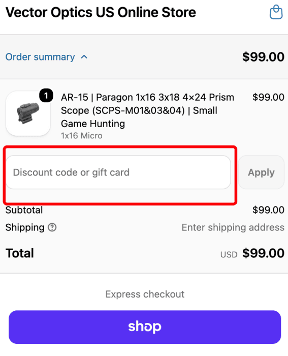 How to use Vector Optics promo code