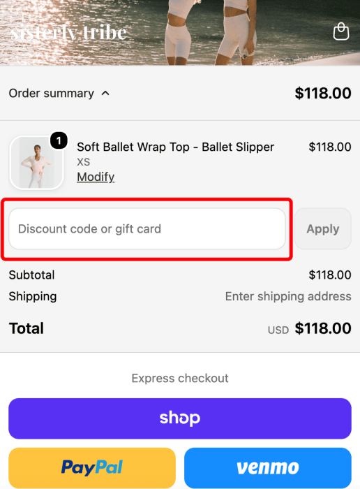 Where to enter Sisterly Tribe promo code How to use Sisterly Tribe promo code